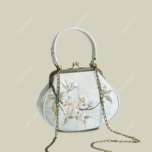 Vintage Pear Blossom Embroidered Shell Handbag with Kiss Lock