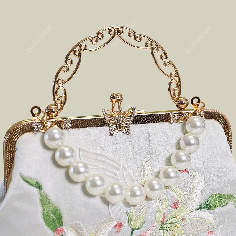Lily Embroidered Pearl Handle Vintage Evening Clutch with Butterfly Kiss Lock