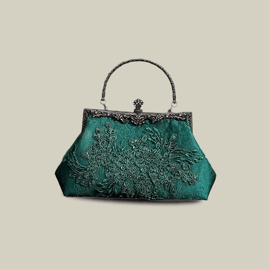 Emerald Embroidery Luxury Elengant  Handbags With Vintage Metal Handle