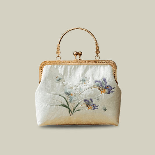 Butterfly Embroidered White Kiss-Lock Handbag