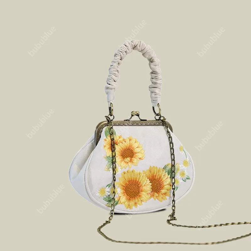 Sunflower Embroidered  Vintage Shell Purse with Kiss Lock