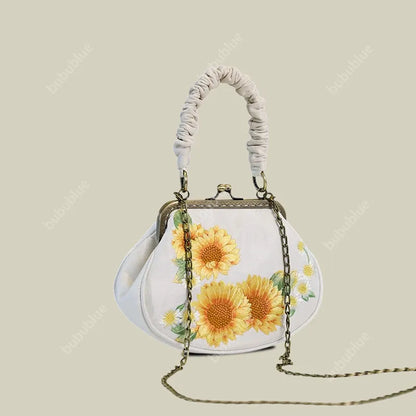 Sunflower Embroidered  Vintage Shell Purse with Kiss Lock