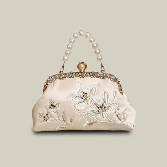 Lily Embroidered Handbag with Pearl Handle