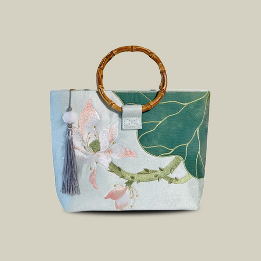 Large capacity Lotus Bloom Embroidered Tote Bag with Bamboo Handle
