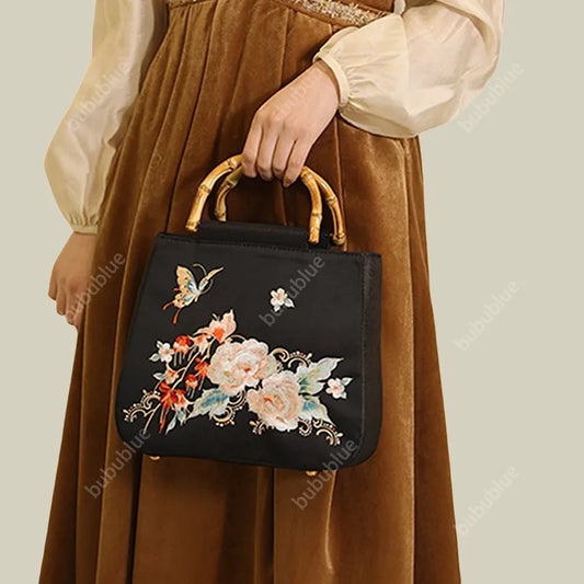 Butterfly Embroidered Floral Bamboo Black Tote Bag with Handle Bag