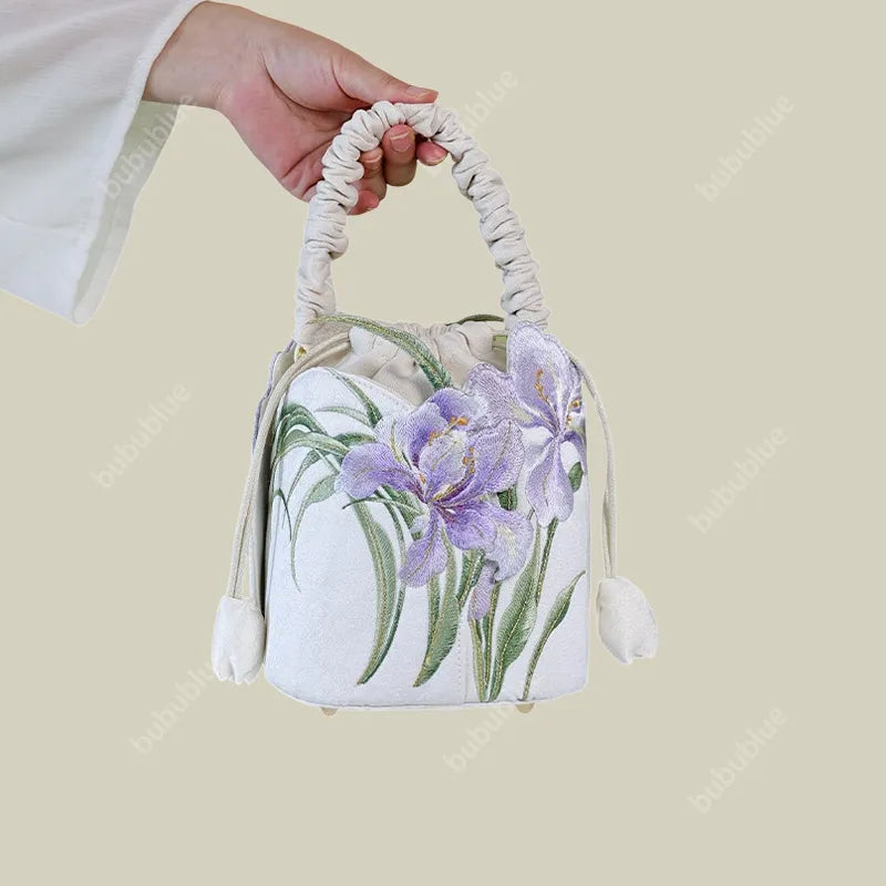 Purple Iris Embroidered Drawstring Bucket Bag