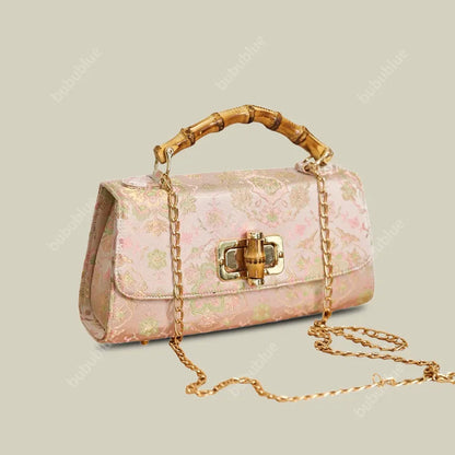 Vintage Gold Brocade Boston Evening Purse with Bamboo Handle