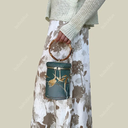 Cicada Song Embroidered Green Mini Bucket Bag