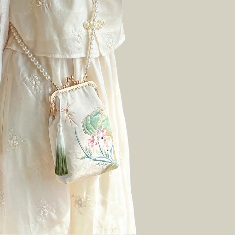Orchid Whisper Embroidered Mini Crossbody Bag with Pearl Handle