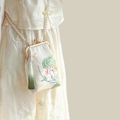 Orchid Whisper Embroidered Mini Crossbody Bag with Pearl Handle