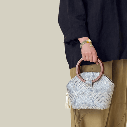 Brocade Shell Handbag with Wooden Ring Handle