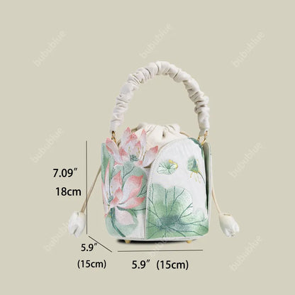 Lotus Embroidered Vintage Drawstring Green Bucket Bag with Soft Handle