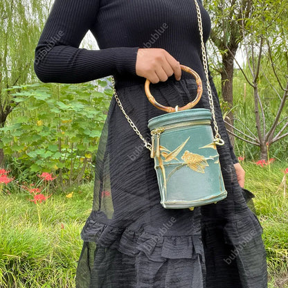 Cicada Song Embroidered Green Mini Bucket Bag