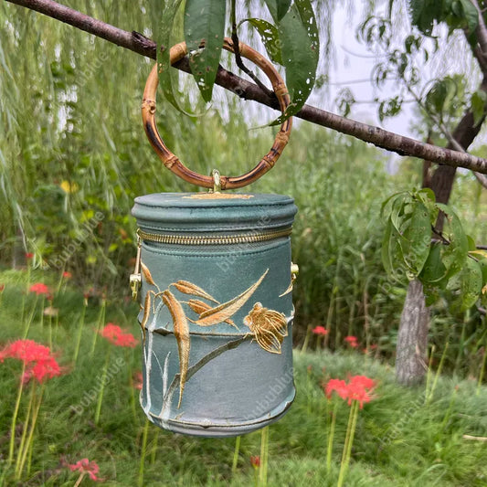 Cicada Song Embroidered Green Mini Bucket Bag