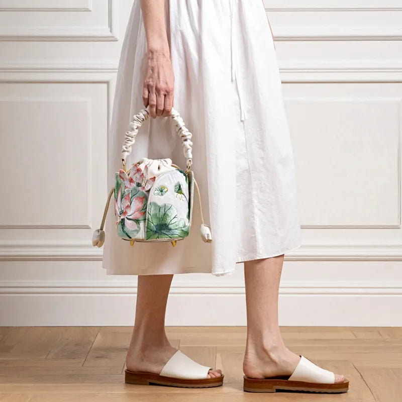 Lotus Embroidered Vintage Drawstring Green Bucket Bag with Soft Handle