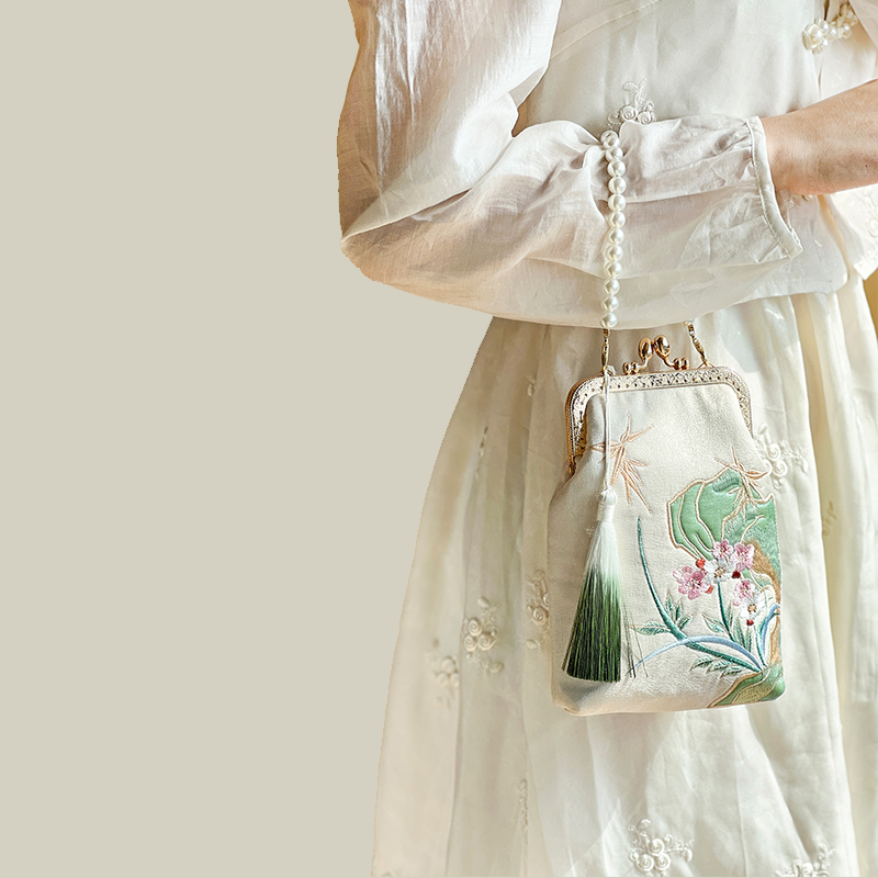 Orchid Whisper Embroidered Mini Crossbody Bag with Pearl Handle