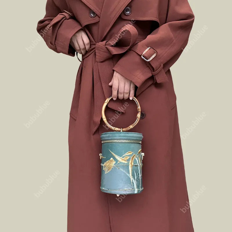 Cicada Song Embroidered Green Mini Bucket Bag