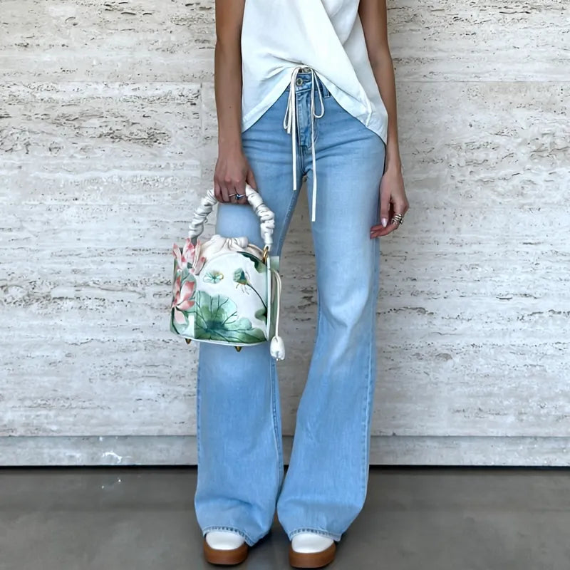 Lotus Embroidered Vintage Drawstring Green Bucket Bag with Soft Handle