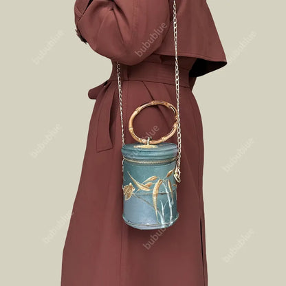 Cicada Song Embroidered Green Mini Bucket Bag