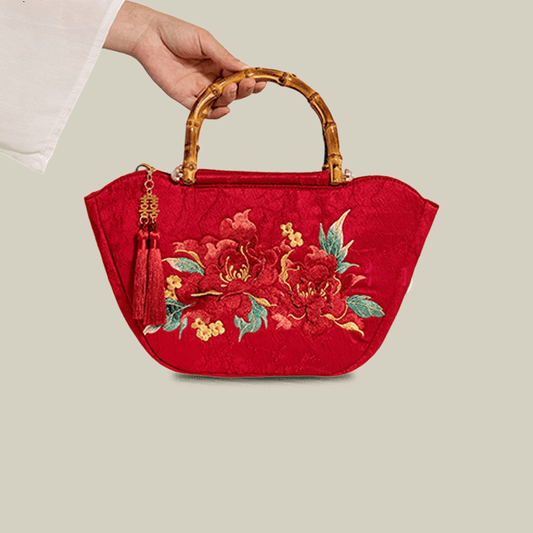 Red Peony Bloom Embroidered Tote Bag with Bamboo Handle