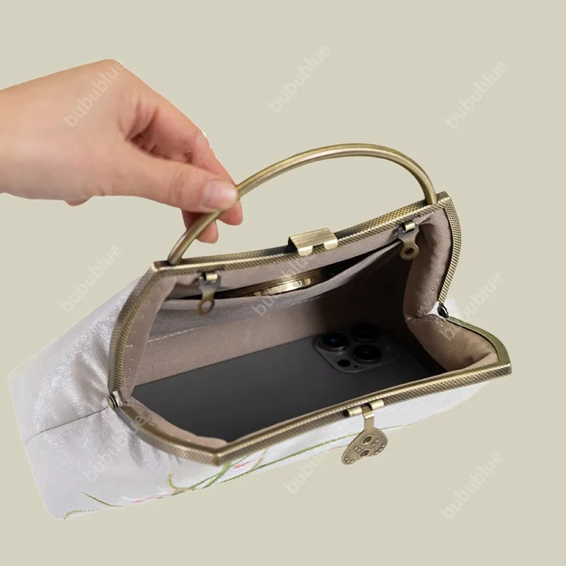 Orchid Embroidery White Handbag With Round Metal Handles