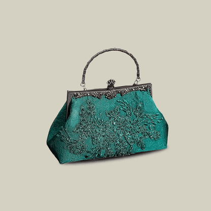 Emerald Embroidery Luxury Elengant  Handbags With Vintage Metal Handle