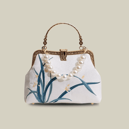 Orchid Embroidered Pearl Handle Handbag with Metal Lock