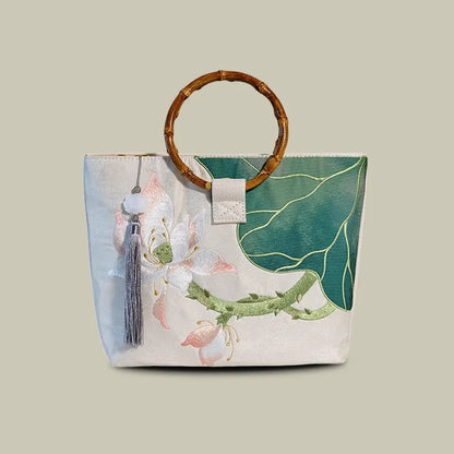 Large capacity Lotus Bloom Embroidered Tote Bag with Bamboo Handle
