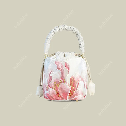 Peony Embroidered Vintage Bucket Bag with Drawstring Closure