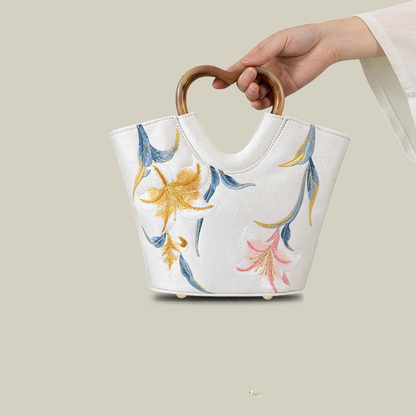 Lily Embroidered Tote Bag with Heart Handle