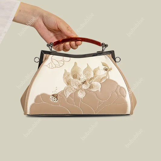 Lotus Embroidered Beige Leather Handbag with Vintage Kiss Lock