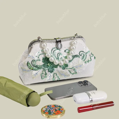 Emerald Green Floral Embroidered Clutch Bag With Pearl Handle