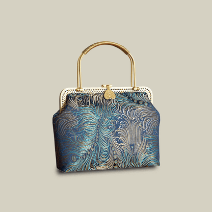 Peacock Blue Brocade Texture & Metal Handle Handbag