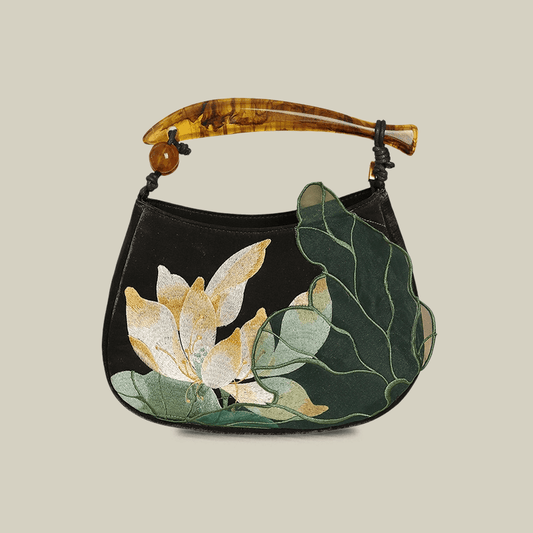 Lotus Embroidered Handbag with Fish Shape Handle