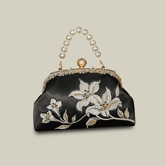 Lily Embroidered Handbag with Pearl Handle