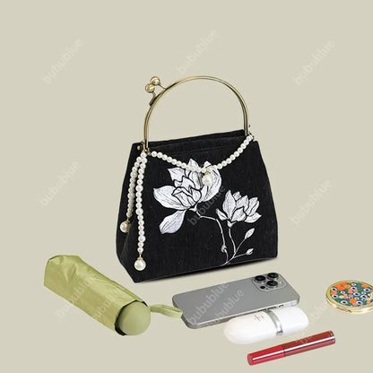 Black Lotus Embroidered Evening Bag with Pearl Trim Kiss Lock