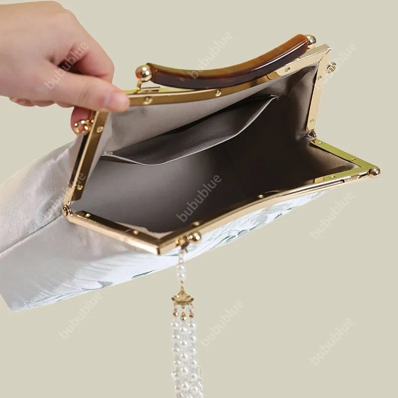 White Pear Blossom Embroidered Kiss Lock Clutch with Pearl Tassel