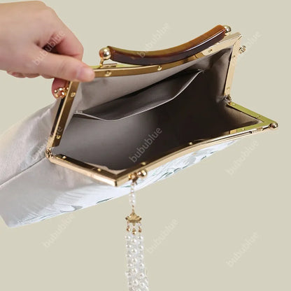 White Pear Blossom Embroidered Kiss Lock Clutch with Pearl Tassel