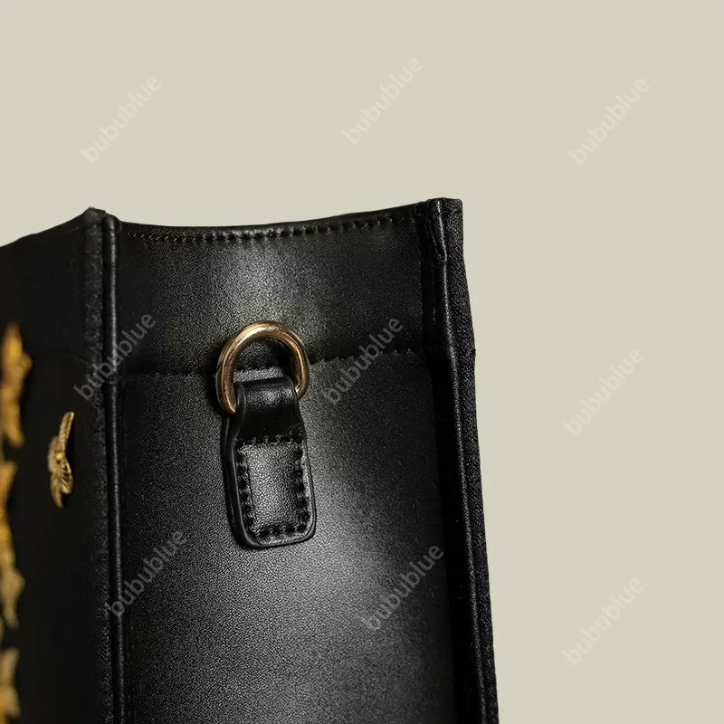 Golden Butterfly Embroidered Black Tote Bag with Crossbody Strap