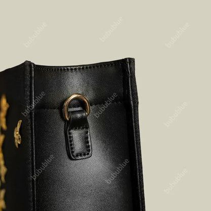 Golden Butterfly Embroidered Black Tote Bag with Crossbody Strap
