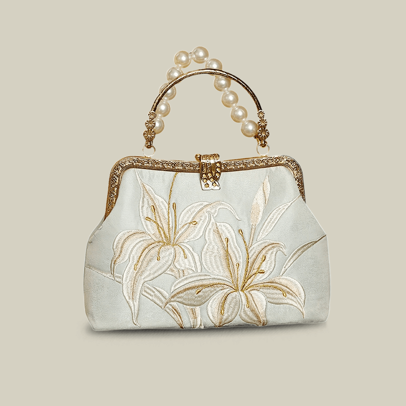 Lily Embroidered Pearl Handle Handbag with Metal Lock