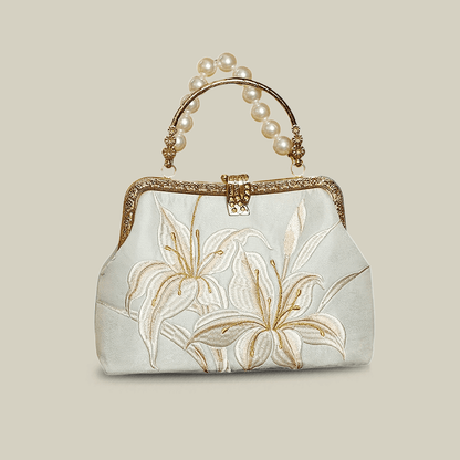 Lily Embroidered Pearl Handle Handbag with Metal Lock