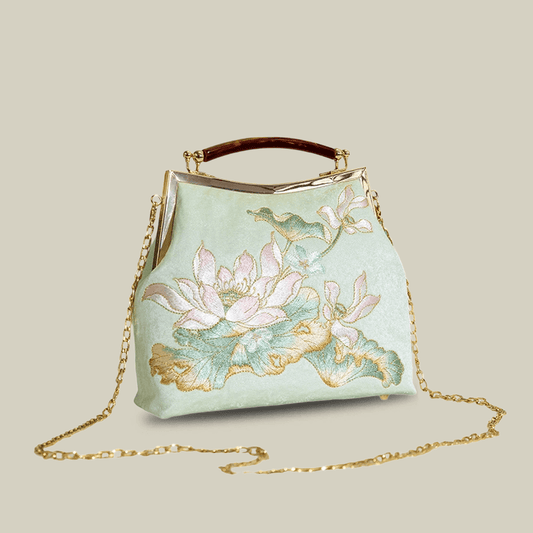 Embroidered Lotus Square Kiss-Lock Handbag with Acrylic Handle