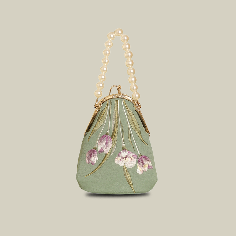 Tulip Embroidered Pearl Handle Handbag with Kiss-Lock
