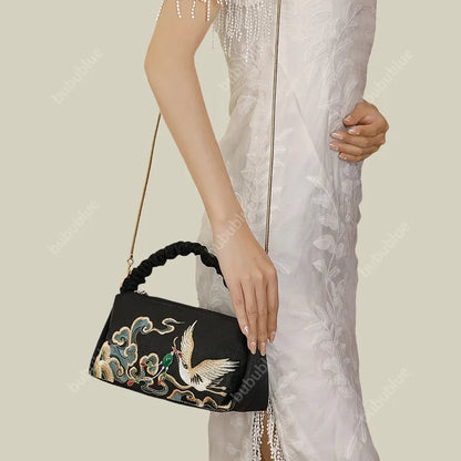 Black Crane Embroidered Handmade Evening Bag