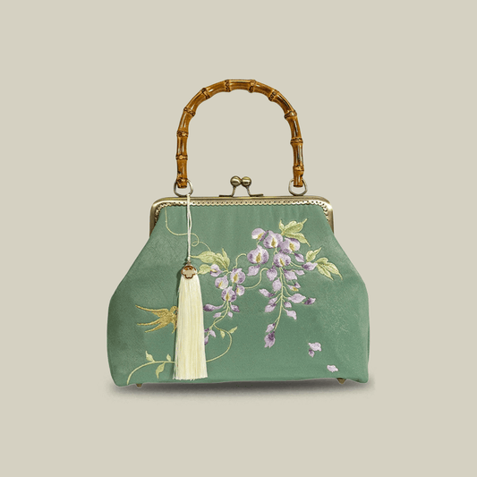 Swallow Embroidered Bamboo Handle Bag with Kiss-Lock