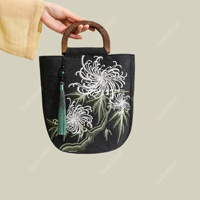 Vintage Chrysanthemum Embroidery Tote Bag with Wooden Handle