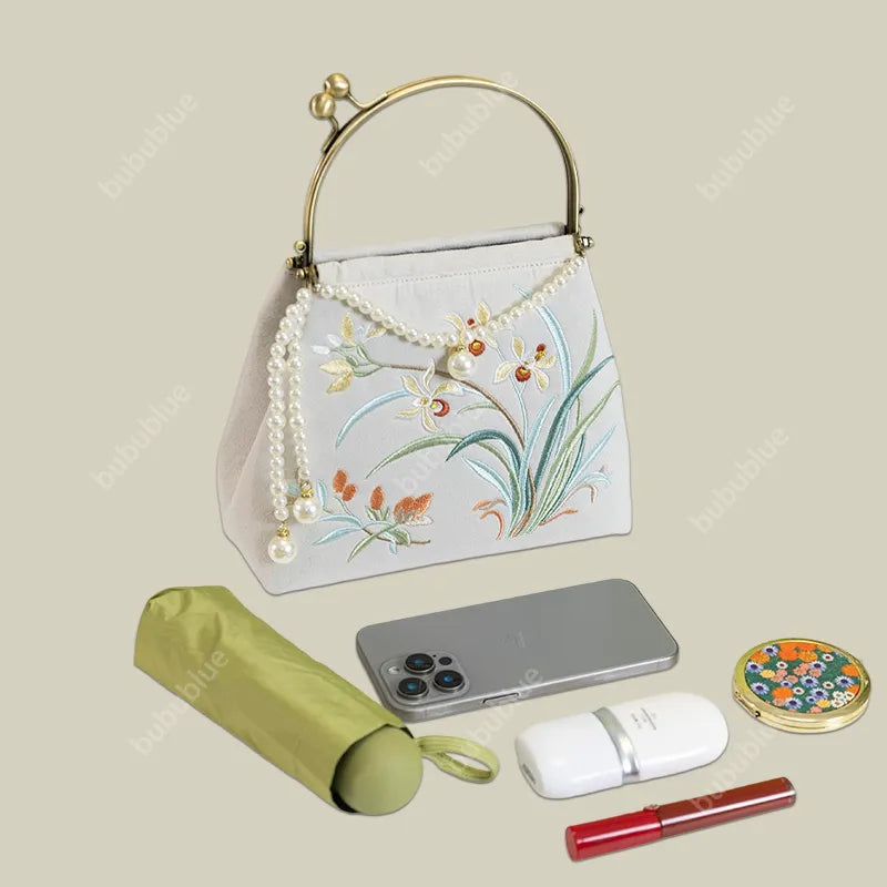 Cotton And Linen Orchid Embroidery Handbag With Pearl Chain (White/Red/Orange-Brown)