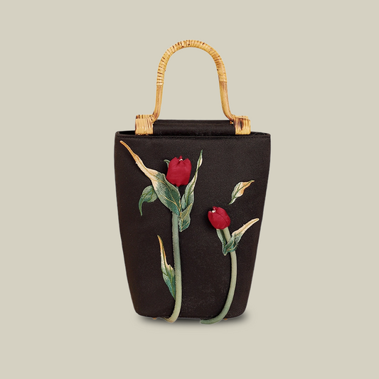 3D Rose Embroidered Black Tote Bag with Bamboo Handle