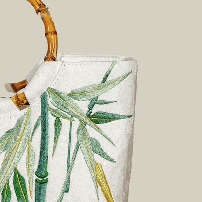 Bamboo Embroidered White Tote Bag with Bamboo Handle
